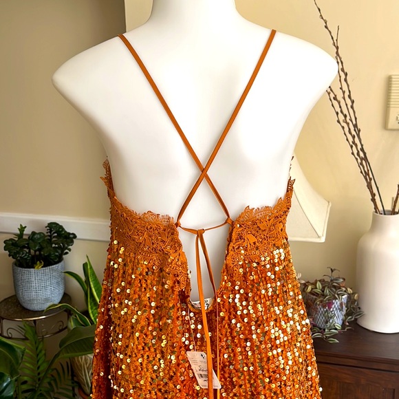 🧡 Free People Intimately Free Golden Velvet Sequin Strapped Cocktail Dress - Picture 7 of 17